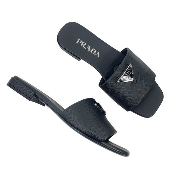 Prada Saffiano Triangle Logo Plaque Slide Flat Sandal Black Size 36.5 - Picture 1 of 11